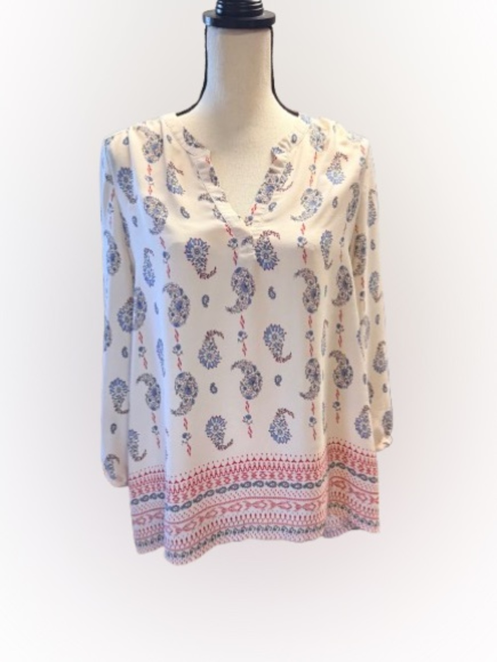 Lucy & Laurel Boho Paisley Border Print Peasant Blouse Large Blue Red Cream